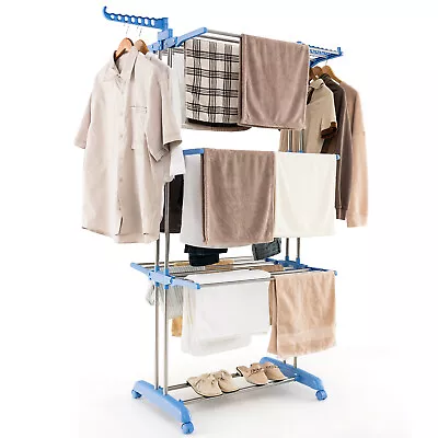 4-Tier Foldable Clothes Drying Rack W/ Lockable Wheels & Rust-proof Metal Frame • $44.59