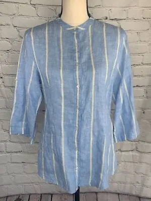 $28.80 • Buy Island Company Women 100% Linen Blue Button Stripped Shirt 3/4 Tab Roll Sleeve M