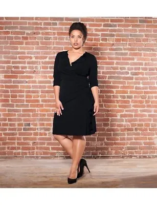 Kiyonna Dress Black Faux Wrap LBD 1X Vivienne Cinch Style Ruffles Slimming • $25.49