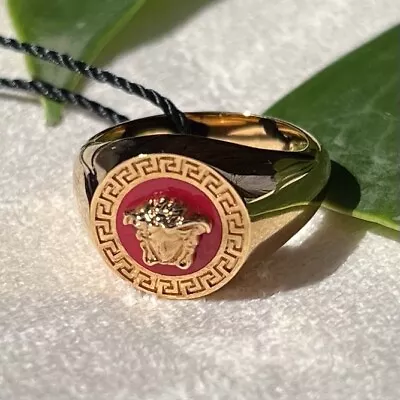 NEW Versace Greca Engraved Enamel Signet Round Gold Red Medusa Ring Size 8.5 • $199.99
