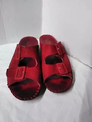 La Plume Shoes Womens Red Leather Double Buckle Strap Slide Sandals Size 40/8 • $22.49