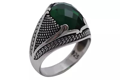 Turkish Style Handmade Jewelry Oval Shape Emerald 925 Sterling Silver Men's Ring • £67.56