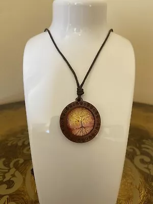 Tree Of Life Glass Natural Wood Mandala Pendant Adjustable Cord Gift Necklace • $9
