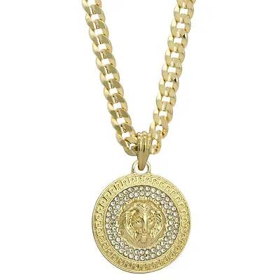 Mens 14k Gold Plated LION MEDALLION Pendant Cubic-Zirconia 30  Cuban #98 Chain • $18.99