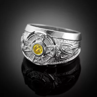 Sterling Silver Mens Celtic Yellow CZ November Birthstone Ring • $79.99