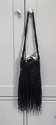 ZARA BLACK Bucket Shoulder Bag FRINGED BEADED BNWT • £22.99