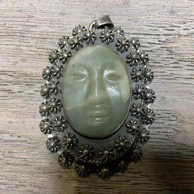 Vtg Dark Sterling Silver Mexico Green Jade Face Pendant Deep Locket RARE FIND!! • $100