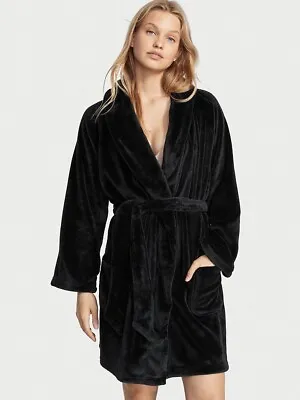 Victorias Secret Cozy Short Plush Embossed Logo Bath Robe Pockets Black Xs/s • $39.99