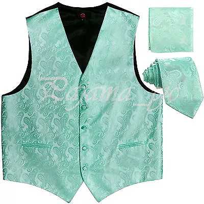 Aqua Green XS To 6XL Paisley Tuxedo Suit Dress Vest Waistcoat & Neck Tie Hanky  • $26.36