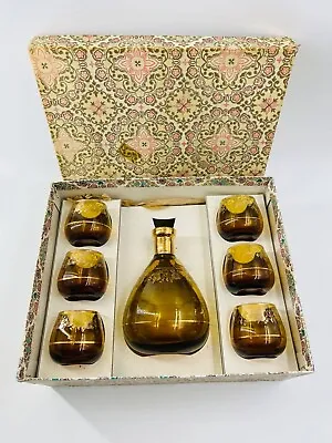 Vintage Amber & Gold Decanter & Glasses Set In Original Box Handcrafted In Spain • $74