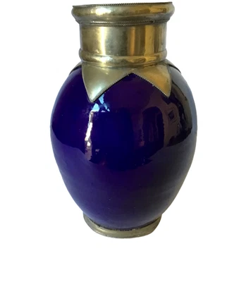 £37.61 • Buy Vintage Moroccan Royal Blue Painted Terra Cotta Vase Silver Tone Brass Ceramic
