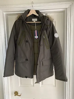 Jack Wills Newton Parka Jacket With Faux Fur Hood Olive Small • £20