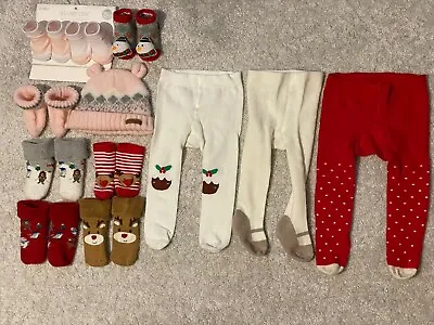 Baby Girls Tights Socks Hats Christmas Bundle 3-6 Months (12 Items) • £10