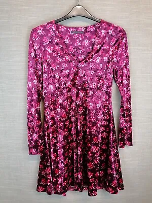 Marks And Spencer A Line Dress Size 10 Purple Floral Velour V Neck  • £9.99