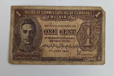 1941 Straits Settlements Malay States Commissioners 1 Cent Banknote George VI • £1.99