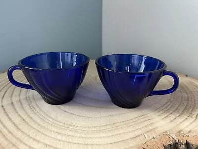 Set Of 2 Vintage Vereco France Cobalt Blue Glass Swirl Tea Cups • $24