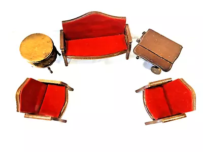Vintage Wooden Doll House Furniture Living Room Set Couch Chairs Table Cart • $21.45