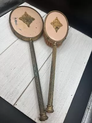 Vintage Victorian Vanity Hand Held Mirror Brush Set Pink Intricate Copper Brass • $39.99