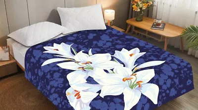 ☀️NEW 10 POUNDS Heavy Soft Queen Korean Style Mink Blanket Blue W White Flowers • $99.99