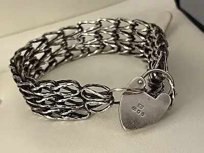 £79.99 • Buy Vintage 3 Bar Gate Bracelet Heart Padlock Clasp Sterling Silver 925 Unisex 32 Gm