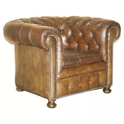 Vintage Circa 1950's Hand Dyed Brown Leather Chesterfield Club Armchair Walnut • $3424.03