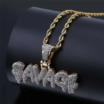 Savage Pendant Chain Gold Necklace Iced Out Jewellery Rapper Bling Shiny Diamond • £12.99