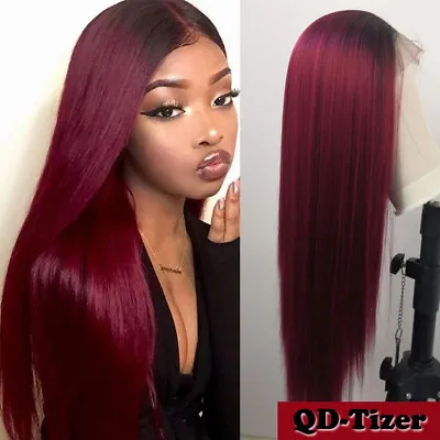 Burgundy Ombre Color Lace Front Wig Synthetic Hair Silky Straight Heat Resistant • $34.86