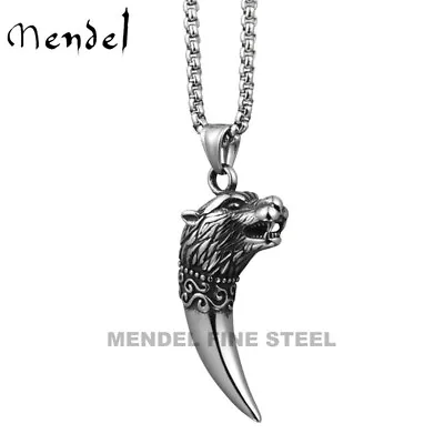 MENDEL Mens Viking Wolf Head Tooth Teeth Pendant Necklace Stainless Steel Chain • $11.99