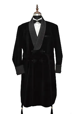 Men Black Smoking Long Coat Quilted Lapel Velvet Belted Dinner Party Long Coats • $167.99