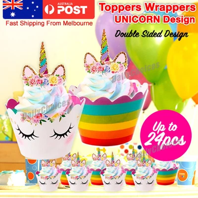 $7.95 • Buy 24Pcs Rainbow Unicorn Horn Flower Cake Cupcake Topper Birthday Party Decoration