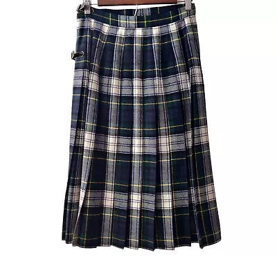 Vintage Royatex Blue Green Tartan Plaid Wool Fringe Buckles Pleats Midi Skirt S? • $34.87