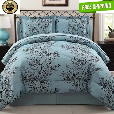 8-Pcs Blue/Chocolate Branch Reversible Bed In A Bag Comforter Set Queen HOT • $39.84