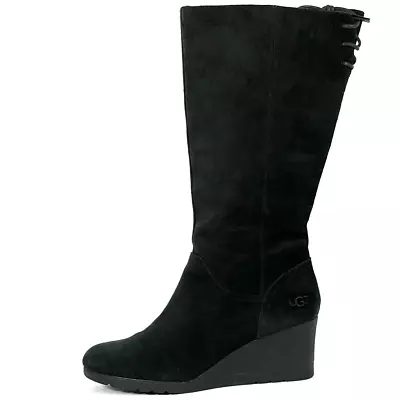 UGG Dawna Boot Womens 9 Black Suede Wedge Heel Tall Boots • $50