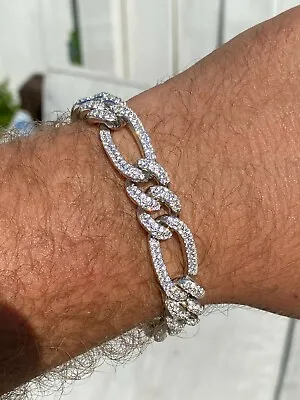 Real Solid 925 Silver Mens Custom Figaro Bracelet 14mm Iced Diamond Heavy HipHop • $188.81