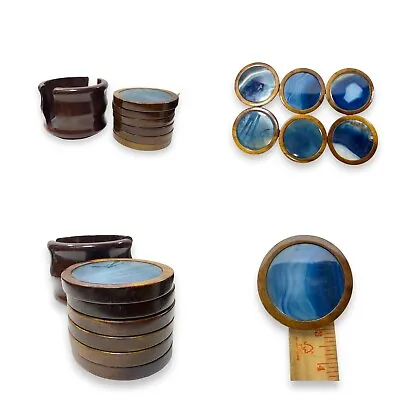 Vtg Wood And Blue Agate Geode Stone Coasters Set Of 6 W/Holder • $25.85