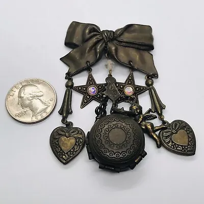 Antique Fairy Locket Pin Brooch Bow Hearts Love Whimsical Key Dangle Vintage • $70