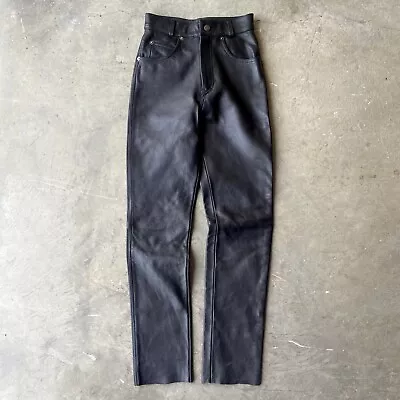 VTG FIRST Genuine Black Leather Motorcycle Pants Womens Sz 26 Biker Jeans Chaps • $59.99