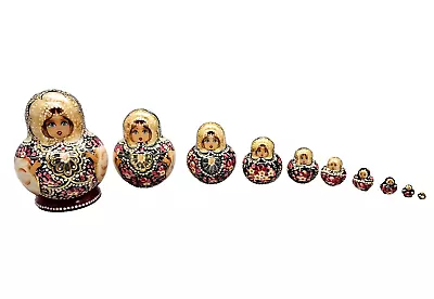 Vintage 10 Pcs Russian Nesting Doll Matryoshka Floral Black Burgundy Gold Signed • $59.88