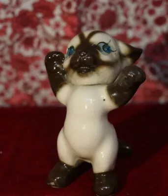 Vintage Siamese Cat Figurine With Blue Rhinestone Eyes Playful Kitten • $15