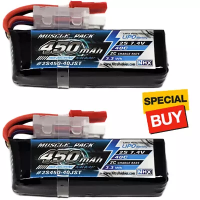 NHX Muscle Pack 2S 7.4V 450mAh 40C Lipo Battery W/ JST Connector (2) • $19.95