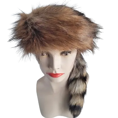 Plushy Coonskin Davey Crockett Cap Real Fur Tail Raccoon Coon Daniel Boone Hat  • $39.99