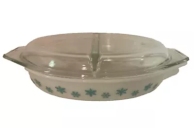 Vintage Pyrex White & Aqua Snowflake Divided Casserole Dish 1.5 Quart W Lid#5043 • $29.95