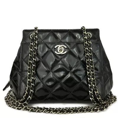CHANEL Quilted CC Logo Patent Leather Silver Chain Shoulder Bag Black/6W0940 • £120.42