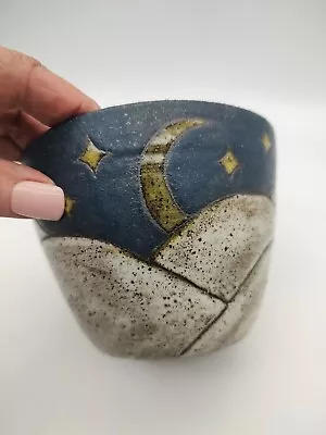 Raku 4  Tall Pottery Vessel Pot Glaze Half Moon Stars Hills Signed Heavy  • $7.49