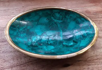 Vintage Green Malachite Oval Dish Bowl Brass Rim Congo 10.7cm 105gm • $37.24