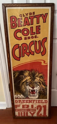 $124.99 • Buy Framed Vintage 1950s Clyde Beatty Cole Bros Lion Circus Poster Greenfield BPOE