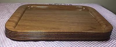 Set Of 6 CLEAN Vintage Wood Grain Metal Lap TV Trays: 15 X 11” + 6 Doilies #6081 • $31.04