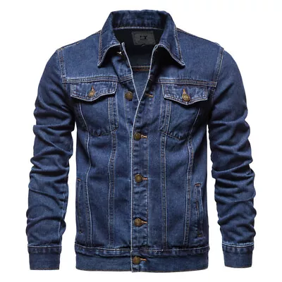 Men Jean Jacket Lapel Neck Denim Mens Loose Fit Long Sleeve Outdoor Coat Casual • $59.99