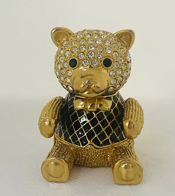 Faberge Collection Teddy Bear Jewelry Trinket Box Black Enamel Clear Crystal 2 H • $39