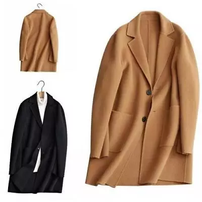 Winter Men's Single Breasted Wool Jacket Cashmere Outwear Mid Length Plain New L • $155.79